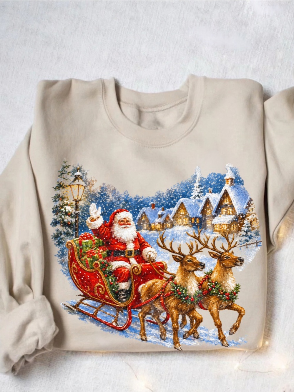 Gildan Beige Crewneck Sweater with Festive Santa Sleigh Graphic